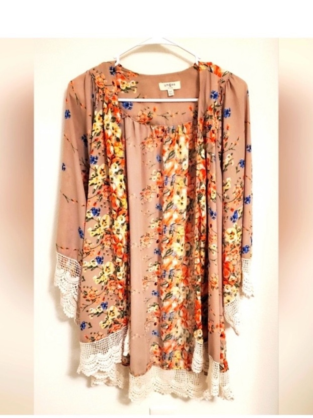 Umgee Mauve Floral Crochet-Trim Open Kimono